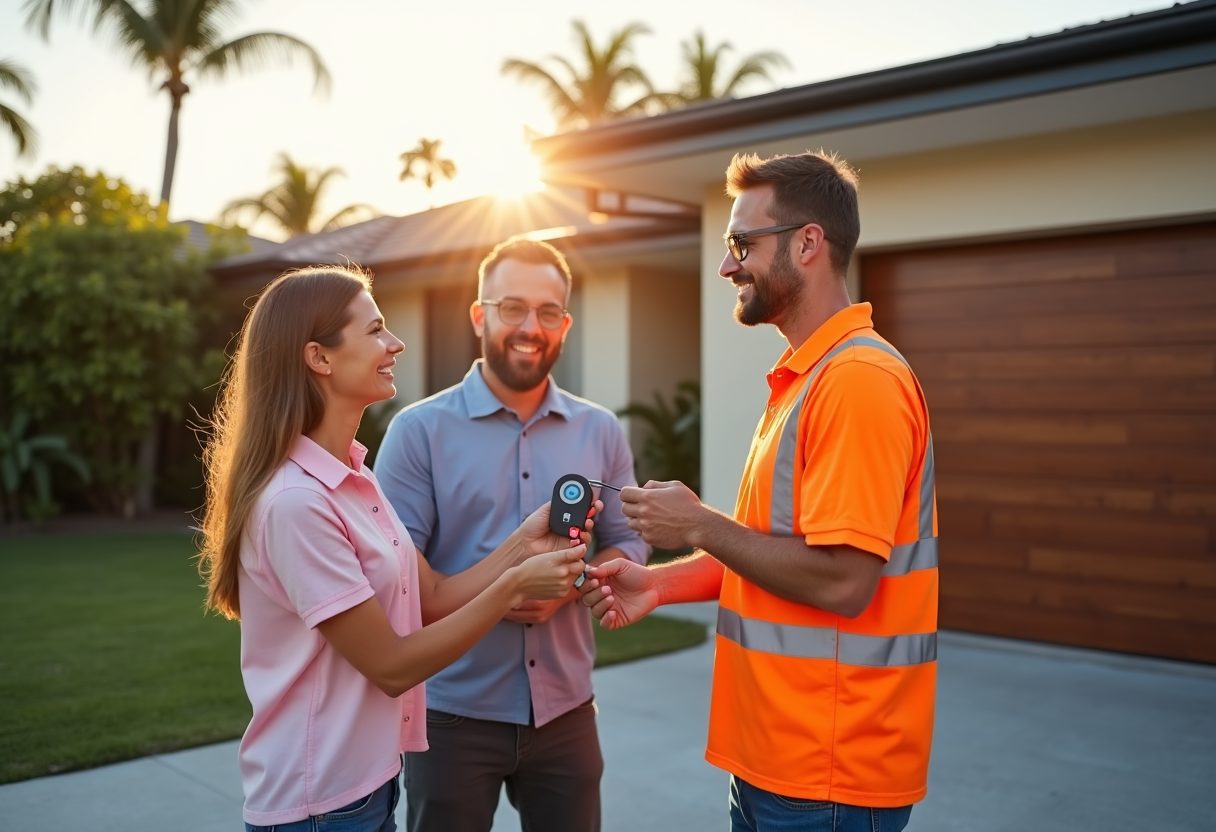 Technician handing over a garage remote at sunset — Camp Hill